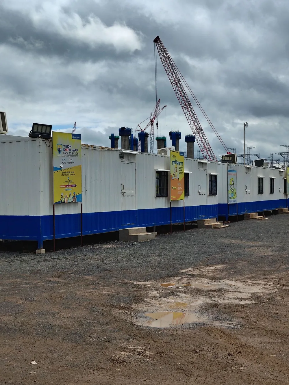 Row of modular portable office cabins on an industrial construction site